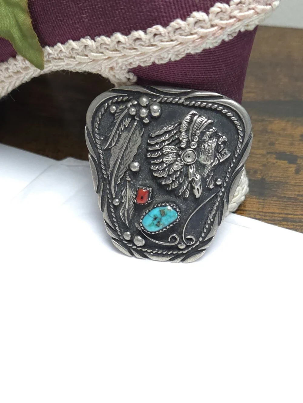 Vintage Native American Cheif Turquoise Coral Stone Bolo Tie Slide Signed SSI